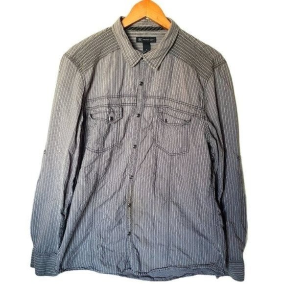 I.N.C. Mens Long Sleeve Gray‎ Stripe Shirt XL Snap - Picture 1 of 14